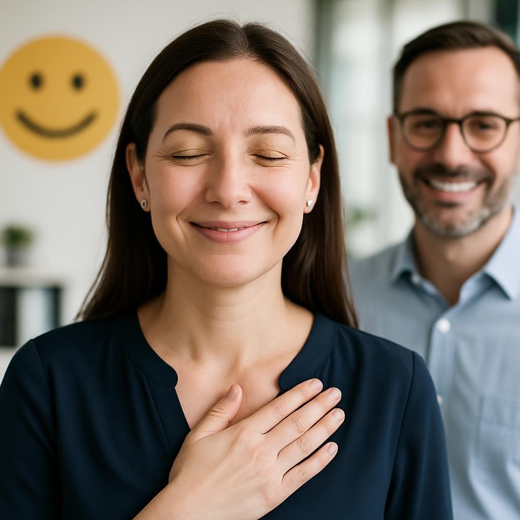 A high-quality and authentic photo of real people smiling and expressing assurance in a friendly, professional setting, with positive and trustworthy emotions clearly visible.