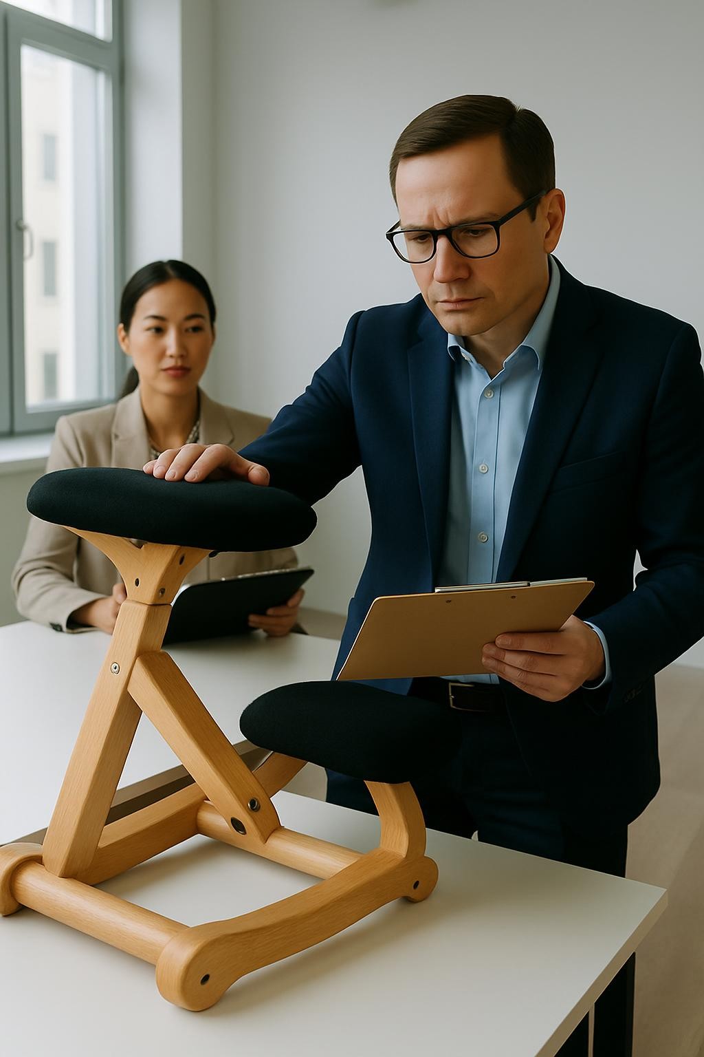 A high-quality, professional image featuring a true wooden ergonomic kneeling chair being inspected or evaluated by professionals in a modern workspace, highlighting quality assurance and top standards for active sitting products. Focus on the chair and workspace authenticity.