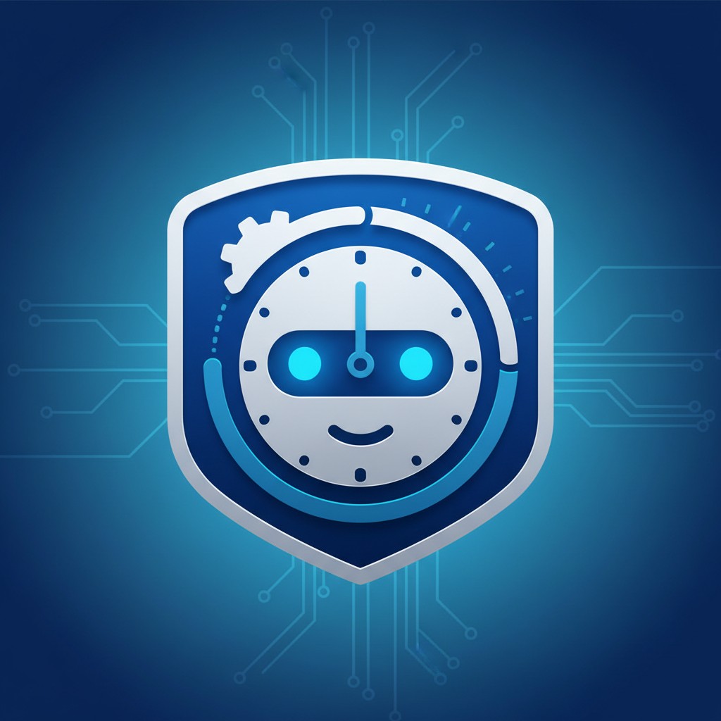 A close-up image of a stylized white and blue robot head on a shield, against a blue gradient background with a circuit bo...